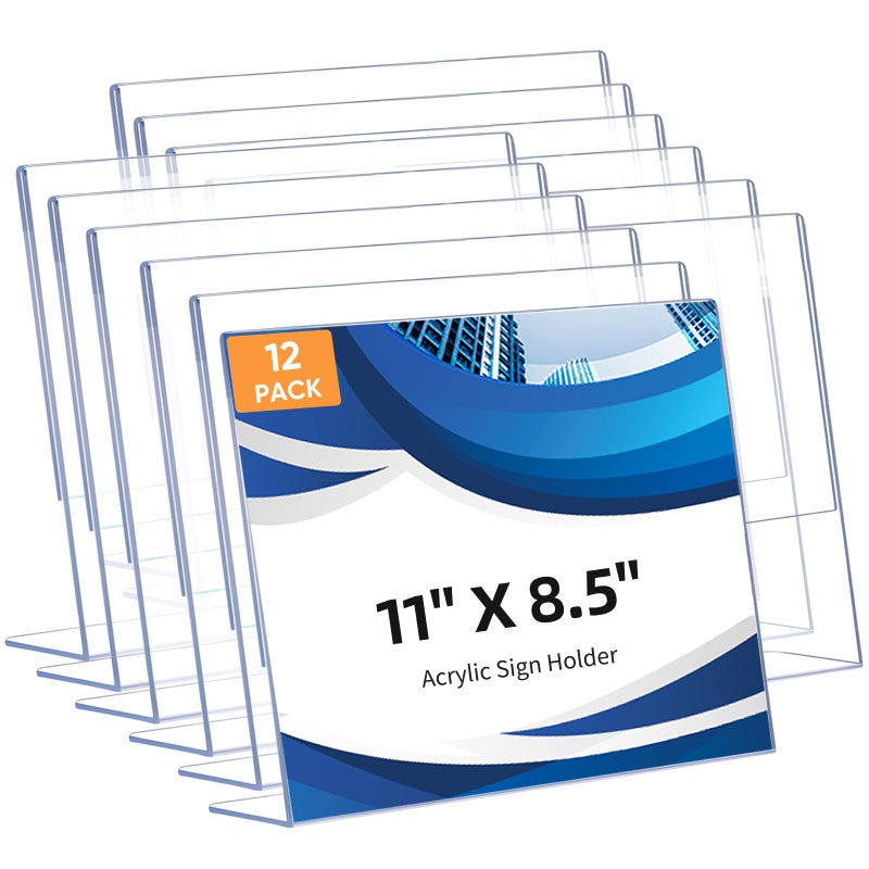 DECOHOBO 12 Pack L Shape Slanted Back 11x8.5 Plastic Sign Holders with Anti-Slip Pads, Business & Store Acrylic Tabletop Display Stand for Flyers, Menus, Documents, Price, Promotions, Wedding, Party Decoration - Image 1